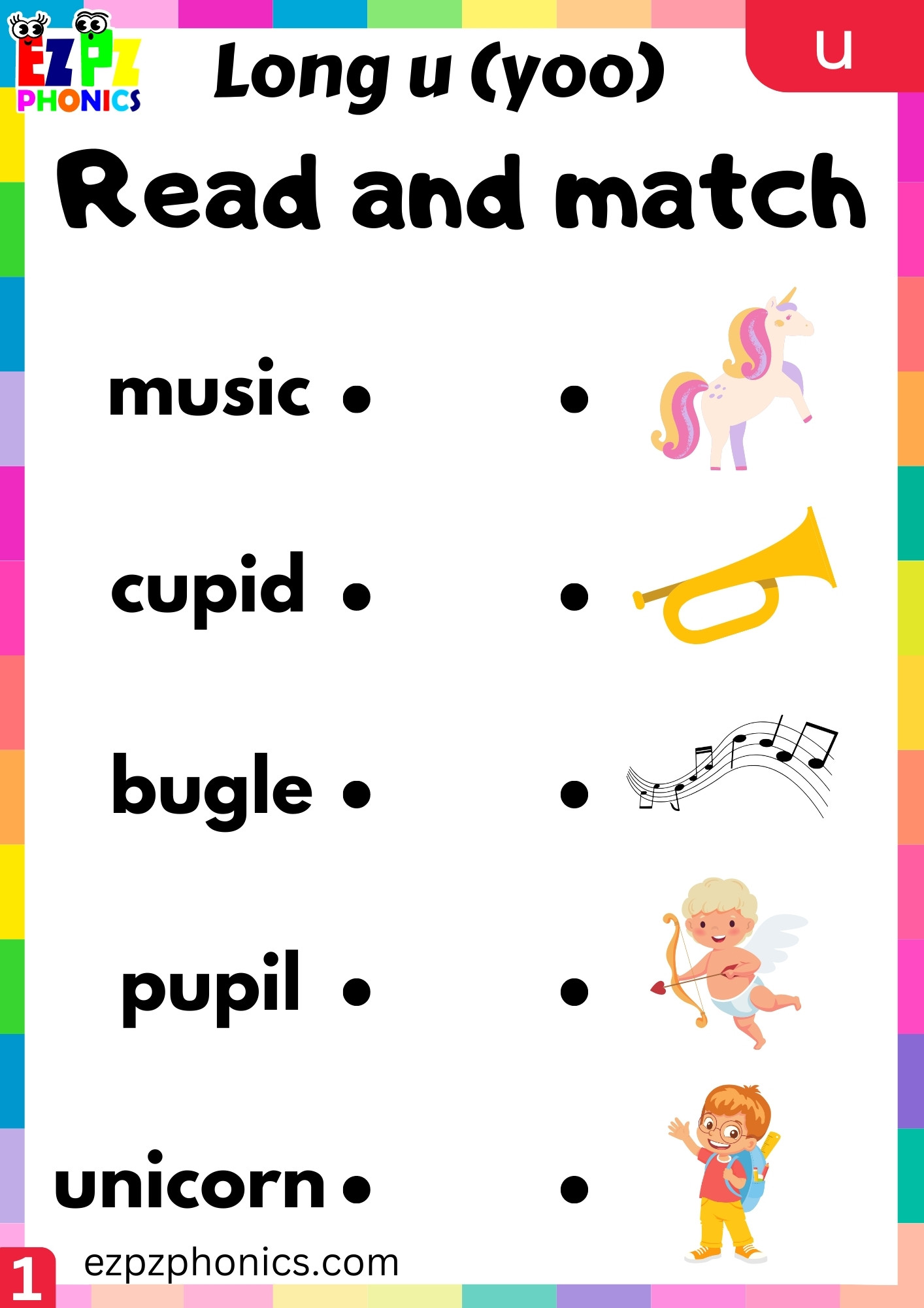 Read and Match the Image Worksheet PDF Download for u Words Long u (yoo) Sound